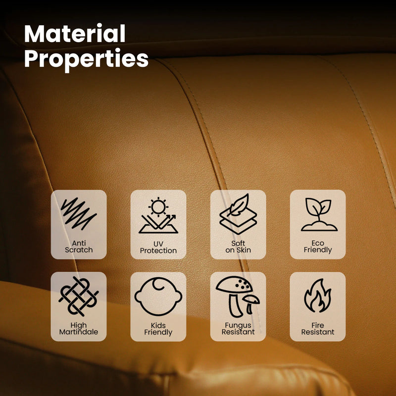 Leatherette material properties of Hush Hiven Zeus tan recliner showing anti-scratch, UV protection and eco friendly