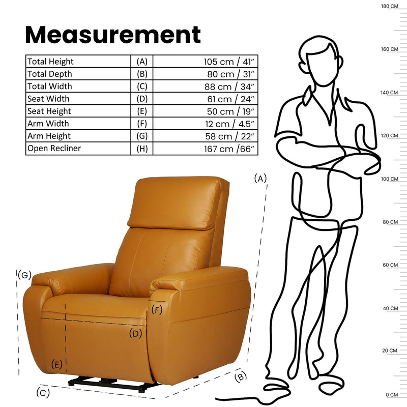 Hush Hiven Zeus motorized recliner chair tan with product dimensions and seating measurements infographic