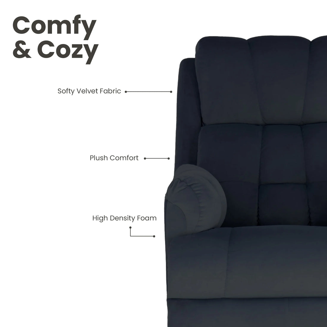 Black Hush Hiven Donna Velvet Single Seater Motorized Recliner chair fabric and foam properties