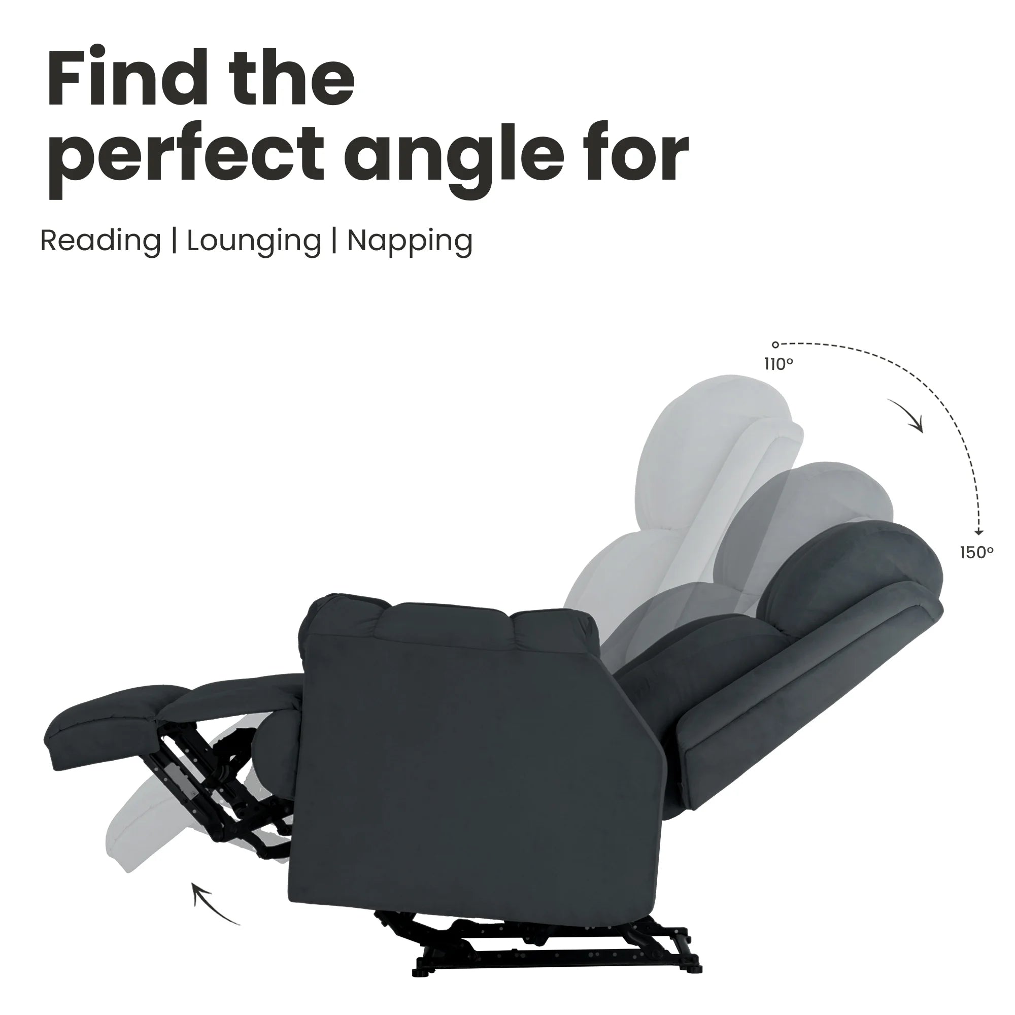 Black Hush Hiven Donna Velvet Single Seater Motorized Recliner chair reclining angle view