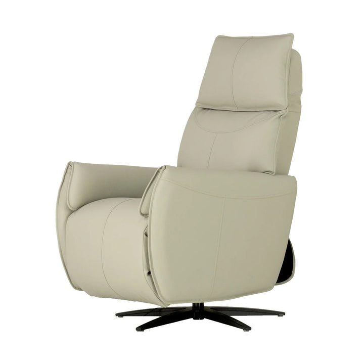 Beige motorized recliner chair with a black base on a white background