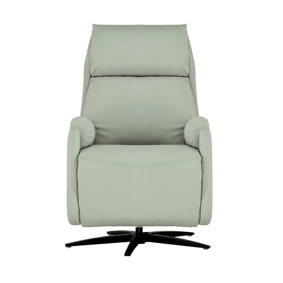 Light color recliner chair with a black base on a white background