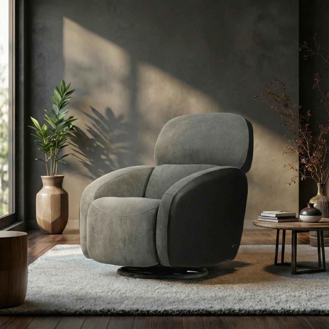 Hush Hiven Pebble Single Seater Motorized Recliner Chair Dual Tone Boucle & Leatherette Luxury Recliner - Hush Hiven